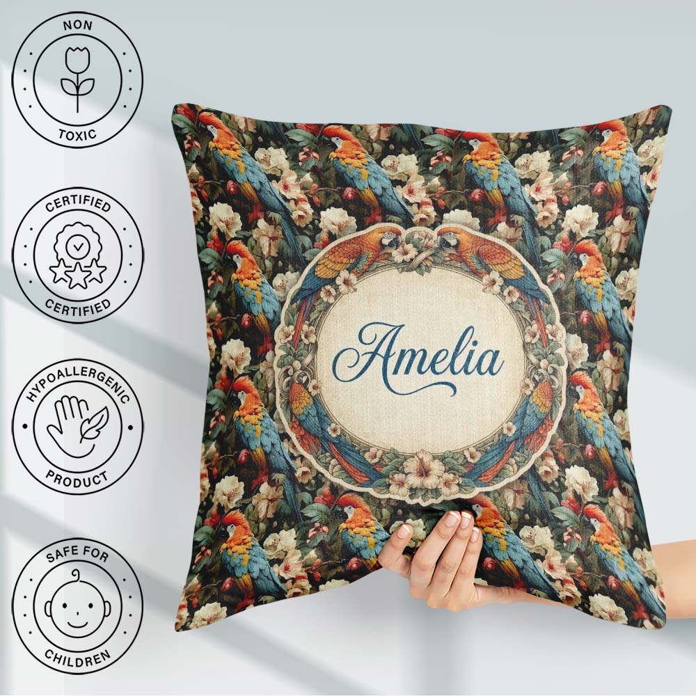 Custom Name Vibrant Macaw Parrot with Flowers Seamless Botanical Square Filled Cushion Throw Pillow Sofa Bed Home Decor Zip Washable UK Made