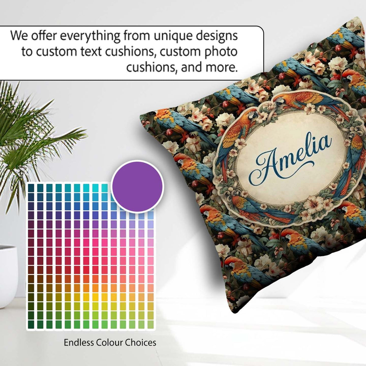Custom Name Vibrant Macaw Parrot with Flowers Seamless Botanical Square Filled Cushion Throw Pillow Sofa Bed Home Decor Zip Washable UK Made