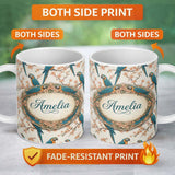 Personalized Custom Name Exotic Parrot Birds with Blossom Branch Seamless Pattern Artistic 11oz Ceramic Coffee Tea Mug White Large Handle