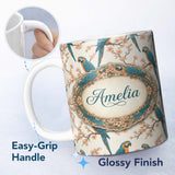 Personalized Custom Name Exotic Parrot Birds with Blossom Branch Seamless Pattern Artistic 11oz Ceramic Coffee Tea Mug White Large Handle