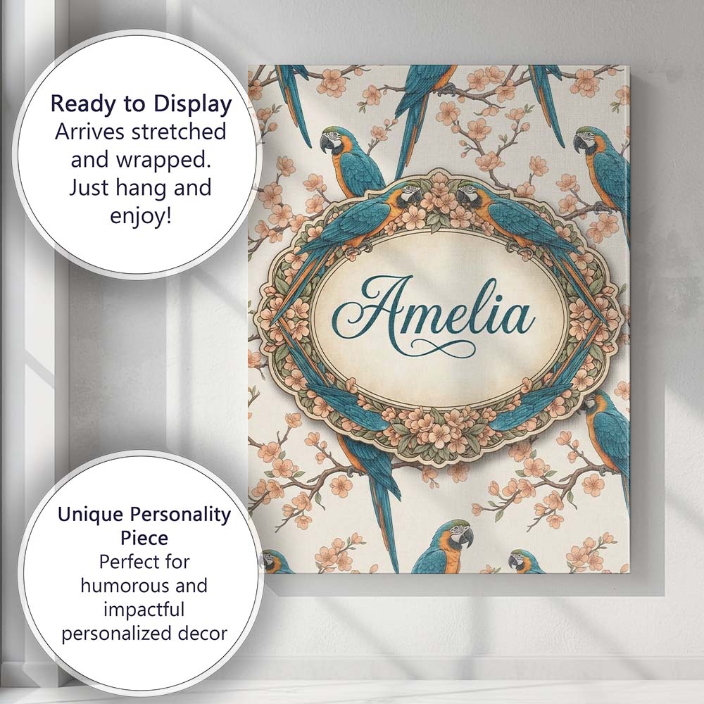 Personalised Name Exotic Parrot Birds with Custom  Unique Gift Idea Elegant Feature Canvas Wall Art Print Decor Picture Ready to Hang