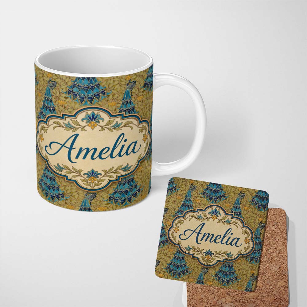 Personalized Custom Name Vintage Art Nouveau Peacock Floral Seamless Pattern Ornamental Name 11oz Ceramic Coffee Tea Mug White Large Handle
