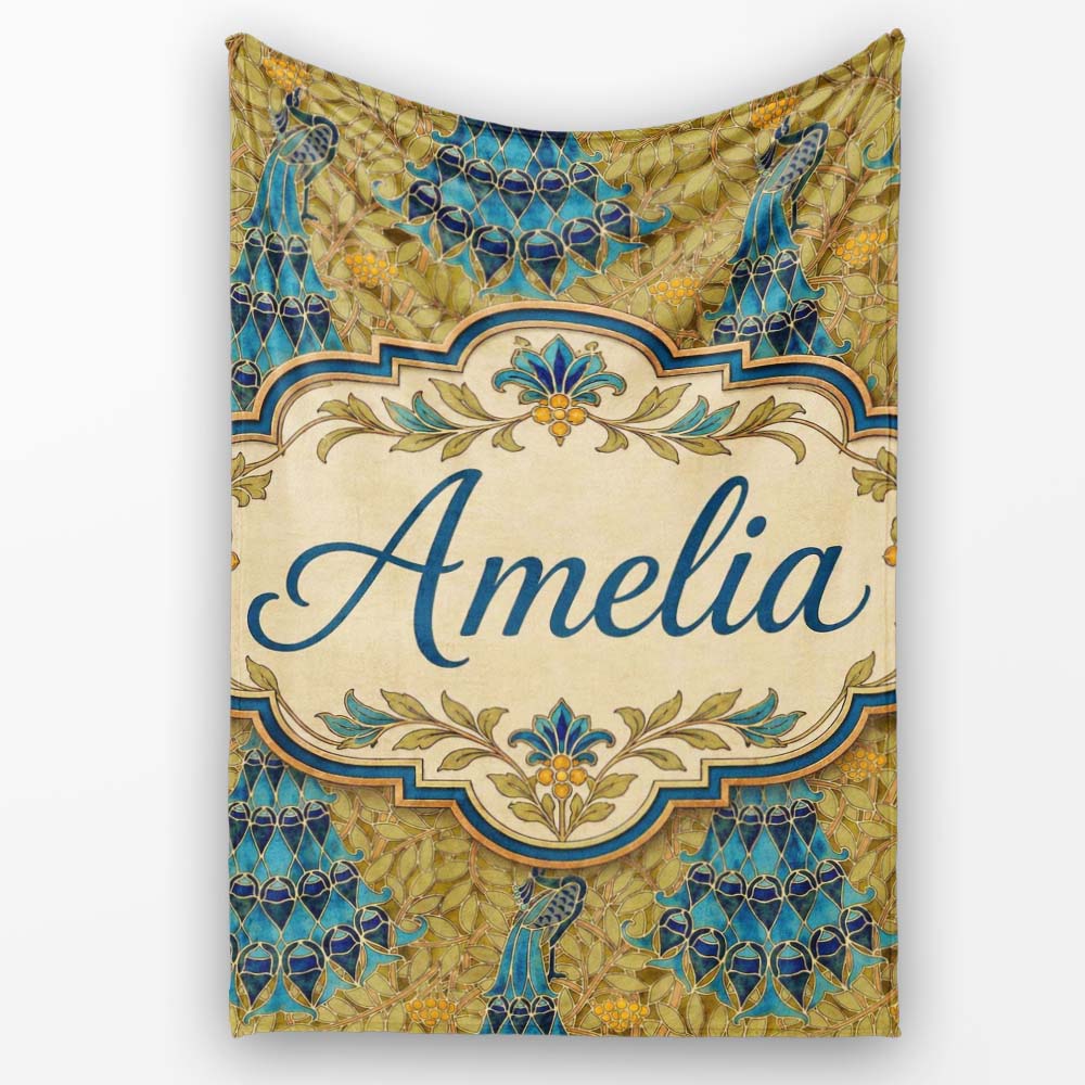 Vintage Art Nouveau Peacock Floral Seamless Pattern Ornamental Name  Personalised Custom Name Super Soft Fleece Blanket Bed Sofa Throw