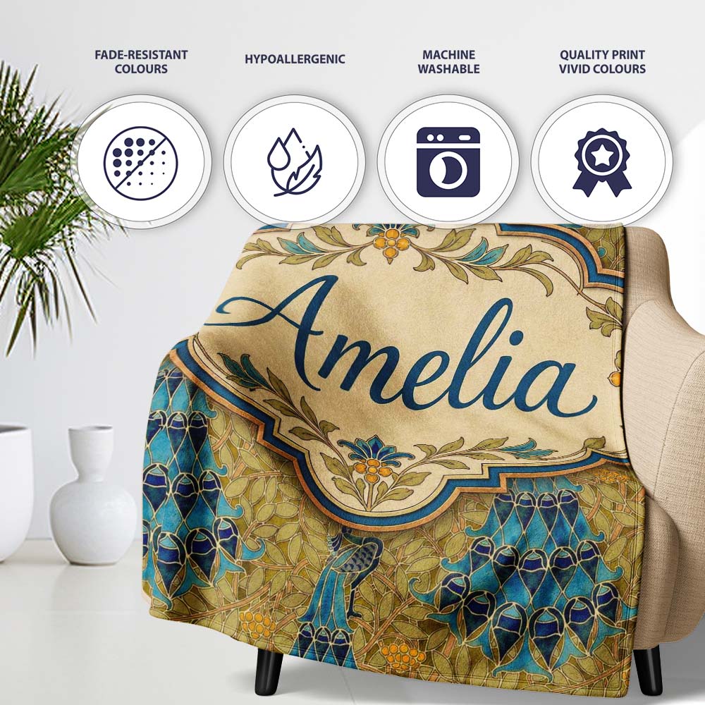 Vintage Art Nouveau Peacock Floral Seamless Pattern Ornamental Name  Personalised Custom Name Super Soft Fleece Blanket Bed Sofa Throw