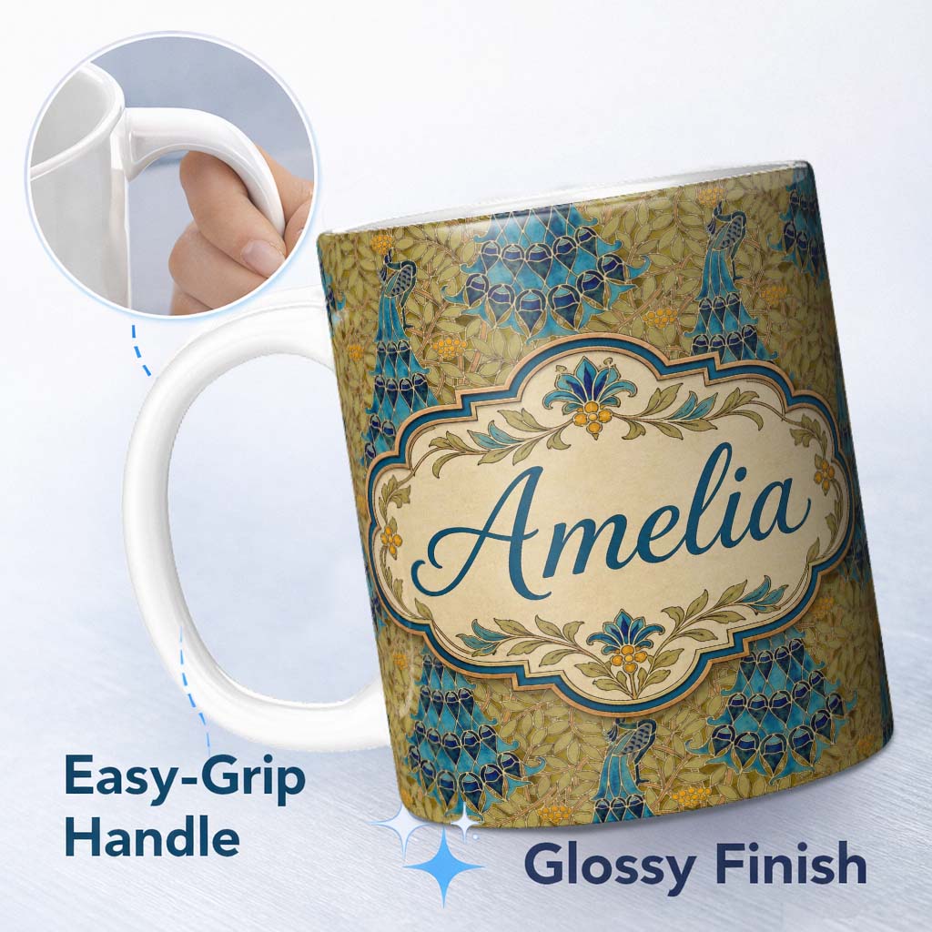 Personalized Custom Name Vintage Art Nouveau Peacock Floral Seamless Pattern Ornamental Name 11oz Ceramic Coffee Tea Mug White Large Handle
