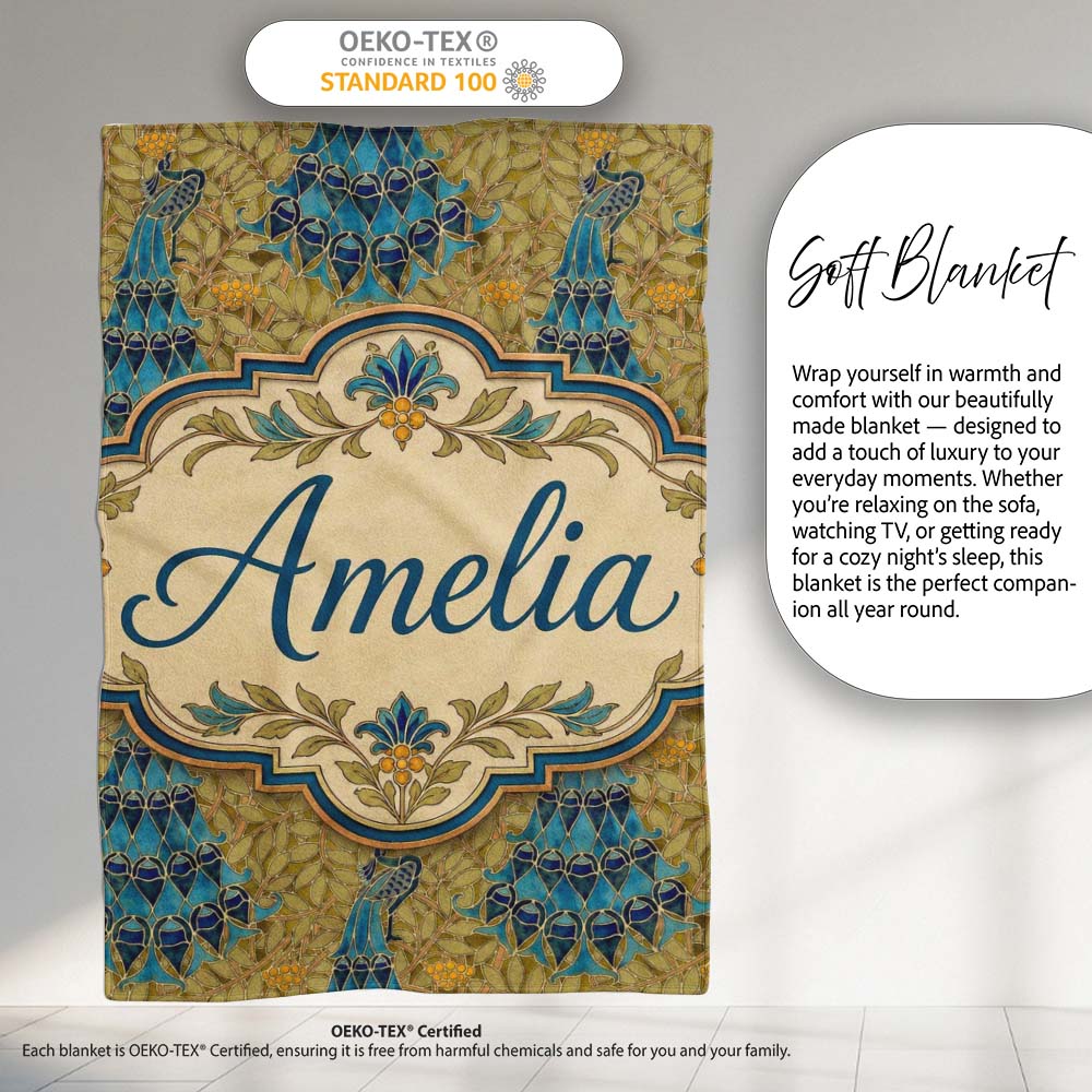 Vintage Art Nouveau Peacock Floral Seamless Pattern Ornamental Name  Personalised Custom Name Super Soft Fleece Blanket Bed Sofa Throw