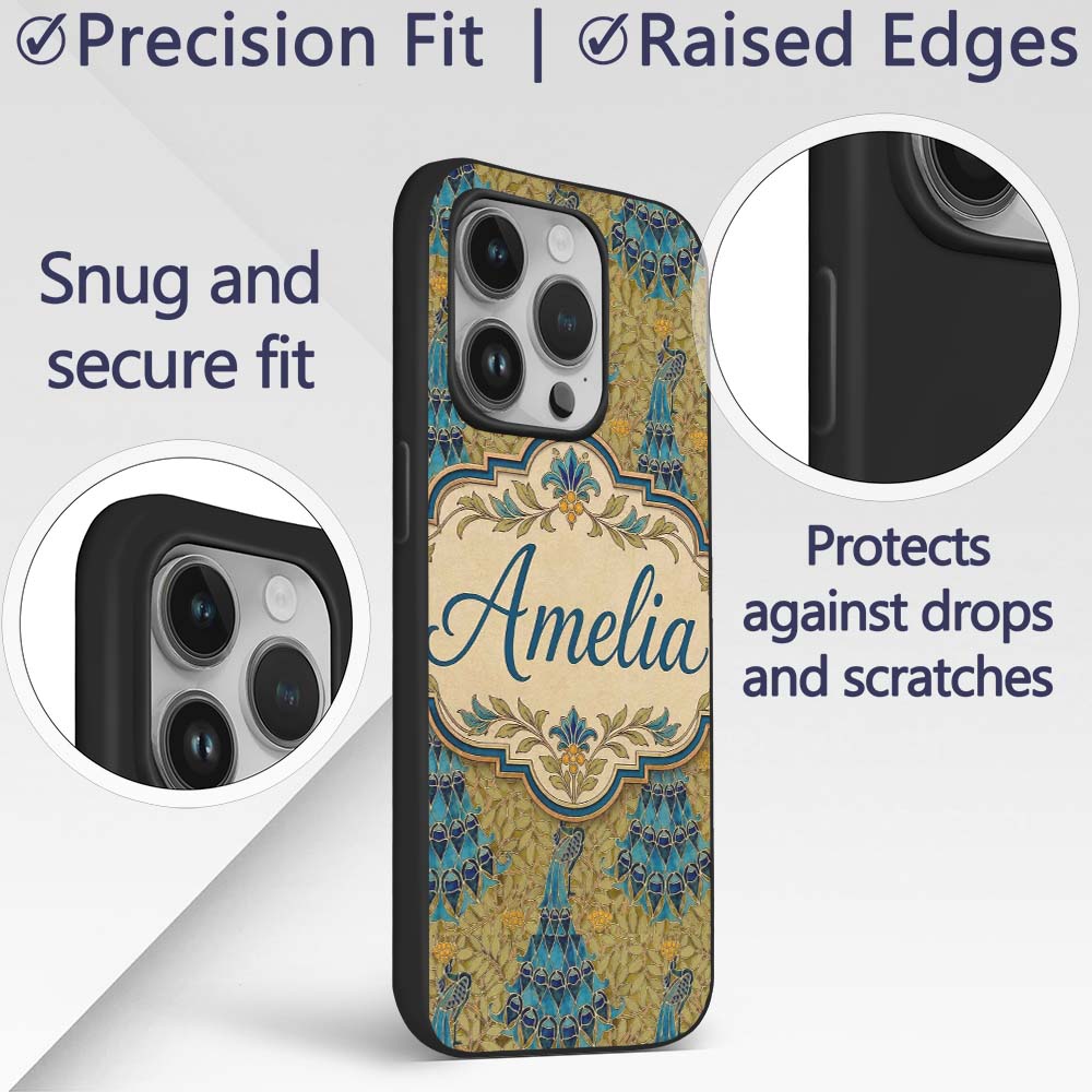 Vintage Art Nouveau Peacock Floral Printed Design Custom Name Protective Phone Case Mobile Cover Durable Everyday Smartphone Shock Resistant