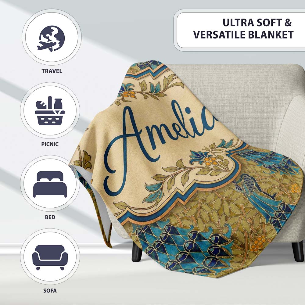 Vintage Art Nouveau Peacock Floral Seamless Pattern Ornamental Name  Personalised Custom Name Super Soft Fleece Blanket Bed Sofa Throw
