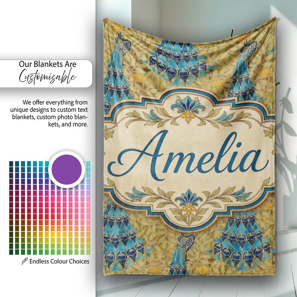Vintage Art Nouveau Peacock Floral Seamless Pattern Ornamental Name  Personalised Custom Name Super Soft Fleece Blanket Bed Sofa Throw
