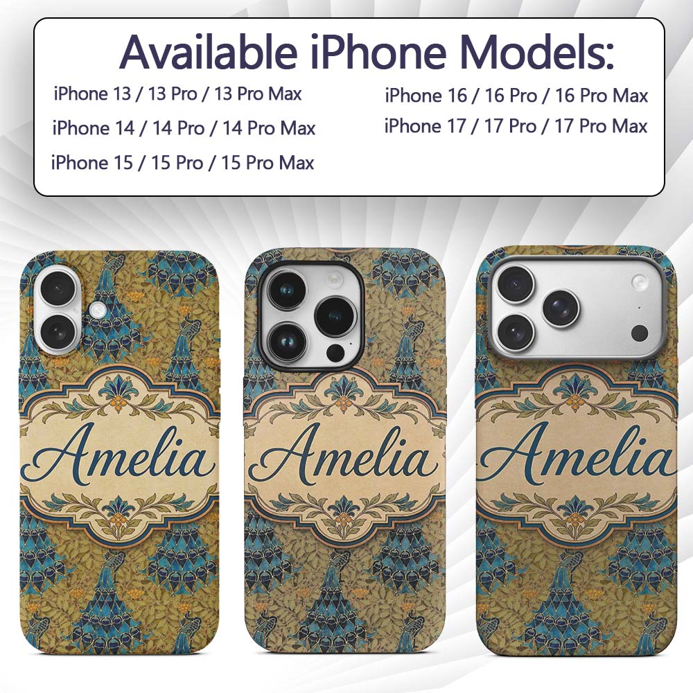 Vintage Art Nouveau Peacock Floral Printed Design Custom Name Protective Phone Case Mobile Cover Durable Everyday Smartphone Shock Resistant