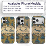 Vintage Art Nouveau Peacock Floral Printed Design Custom Name Protective Phone Case Mobile Cover Durable Everyday Smartphone Shock Resistant