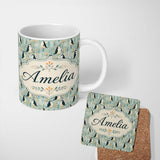 Personalized Custom Name Cute Penguin Birds Minimal Floral Seamless Pattern Soft Pastel 11oz Ceramic Coffee Tea Mug White Large Handle