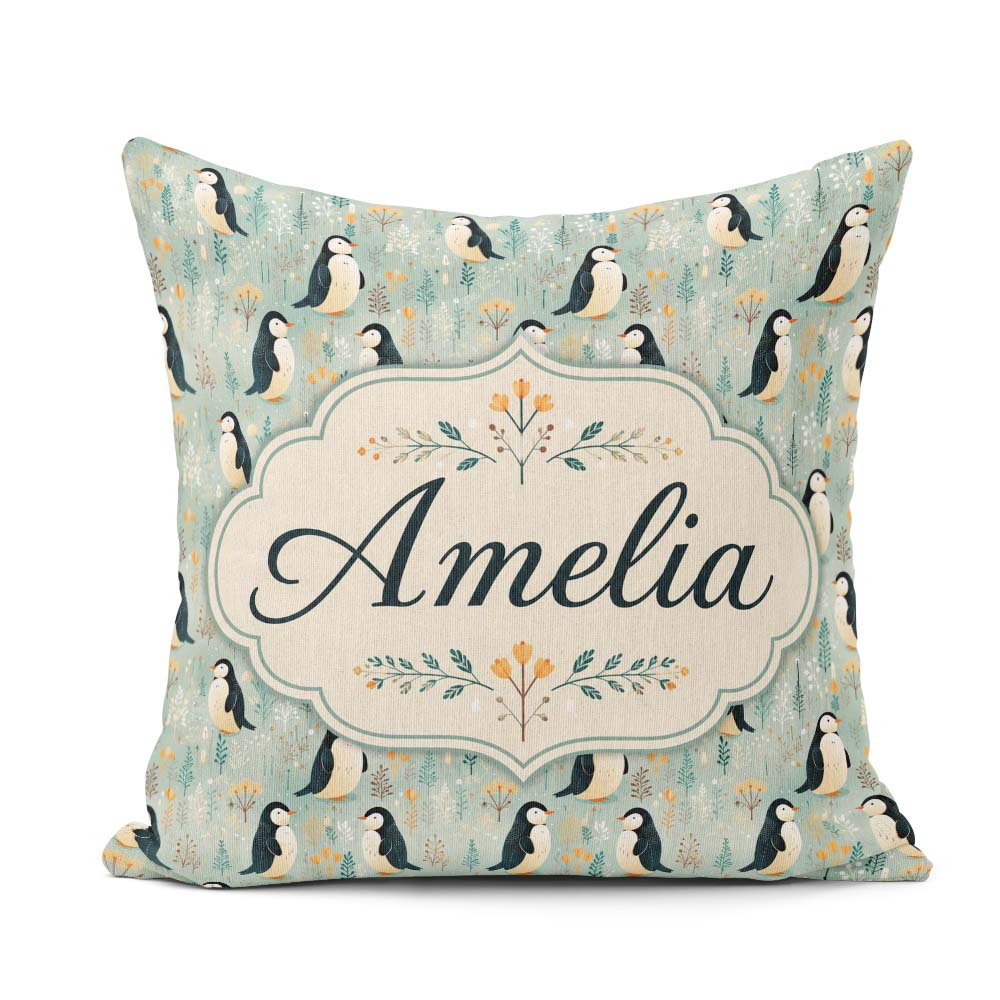 Custom Name Penguin Birds Minimal Floral Seamless Pattern Pastel Square Filled Cushion Throw Pillow Sofa Bed Home Decor Zip Washable UK Made