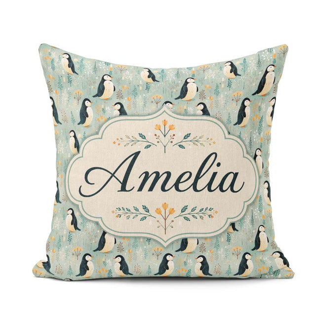 Custom Name Penguin Birds Minimal Floral Seamless Pattern Pastel Square Filled Cushion Throw Pillow Sofa Bed Home Decor Zip Washable UK Made