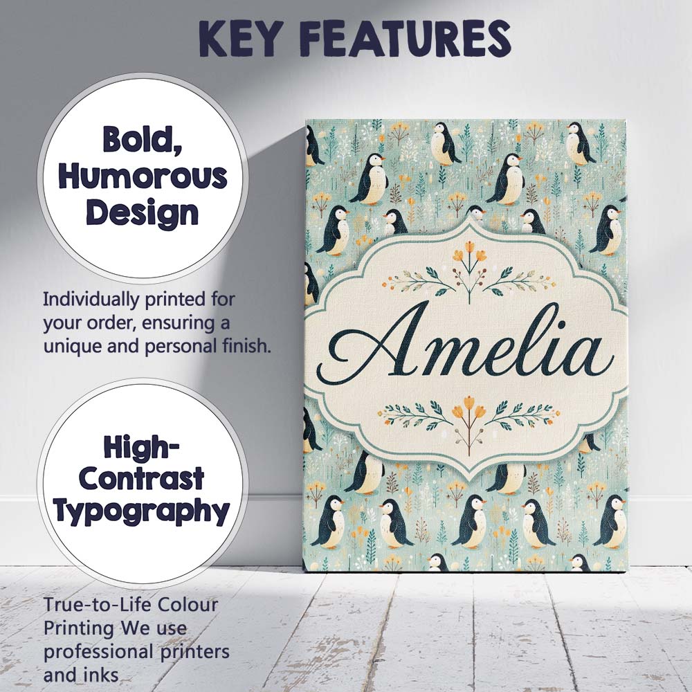 Personalised Name Cute Penguin Birds Custom Premium Decorative Design Modern Room Accent Canvas Wall Art Print Decor Picture Ready to Hang