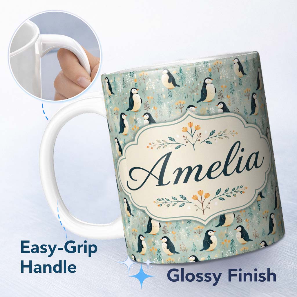 Personalized Custom Name Cute Penguin Birds Minimal Floral Seamless Pattern Soft Pastel 11oz Ceramic Coffee Tea Mug White Large Handle