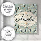 Personalised Name Cute Penguin Birds Custom Premium Decorative Design Modern Room Accent Canvas Wall Art Print Decor Picture Ready to Hang