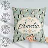 Custom Name Penguin Birds Minimal Floral Seamless Pattern Pastel Square Filled Cushion Throw Pillow Sofa Bed Home Decor Zip Washable UK Made