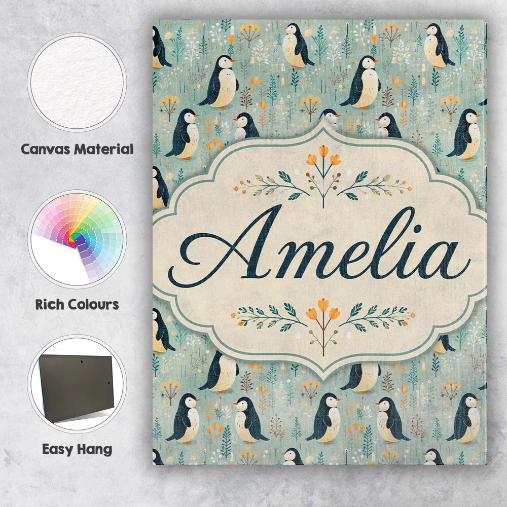 Personalised Name Cute Penguin Birds Custom Premium Decorative Design Modern Room Accent Canvas Wall Art Print Decor Picture Ready to Hang