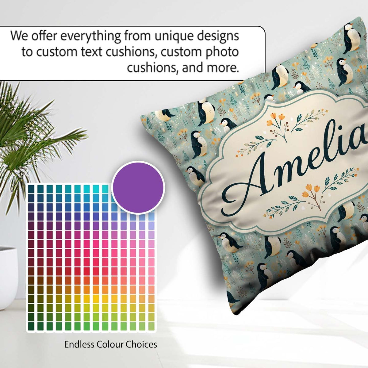 Custom Name Penguin Birds Minimal Floral Seamless Pattern Pastel Square Filled Cushion Throw Pillow Sofa Bed Home Decor Zip Washable UK Made