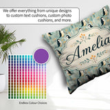 Custom Name Penguin Birds Minimal Floral Seamless Pattern Pastel Square Filled Cushion Throw Pillow Sofa Bed Home Decor Zip Washable UK Made