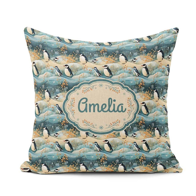 Custom Name Penguin Birds in Winter Seamless Pattern Cute Nature Square Filled Cushion Throw Pillow Sofa Bed Home Decor Zip Washable UK Made