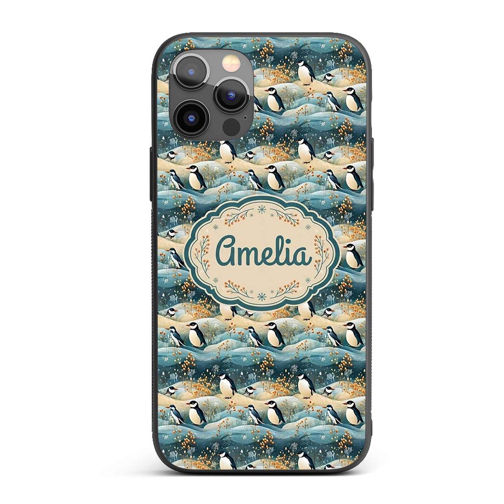 Penguin Birds in Winter Landscape Printed Design Custom Name Protective Phone Case Mobile Cover Durable Everyday Smartphone Shock Resistant