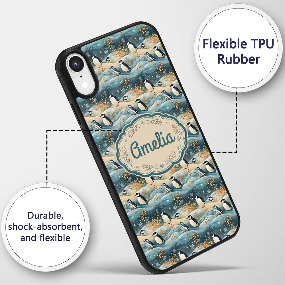 Penguin Birds in Winter Landscape Printed Design Custom Name Protective Phone Case Mobile Cover Durable Everyday Smartphone Shock Resistant