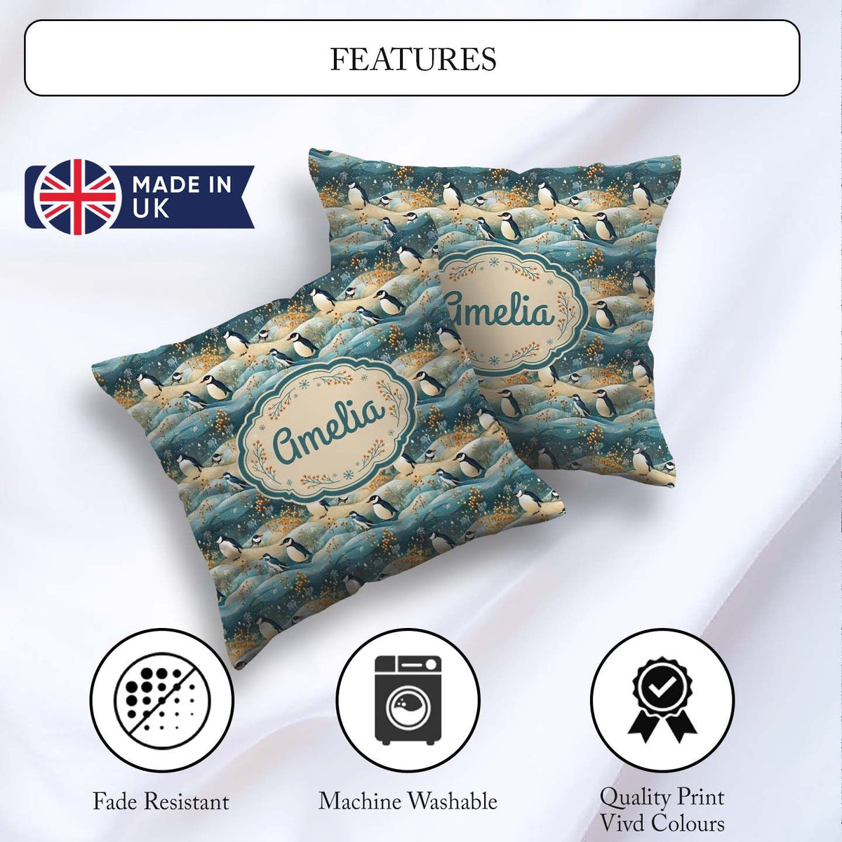 Custom Name Penguin Birds in Winter Seamless Pattern Cute Nature Square Filled Cushion Throw Pillow Sofa Bed Home Decor Zip Washable UK Made