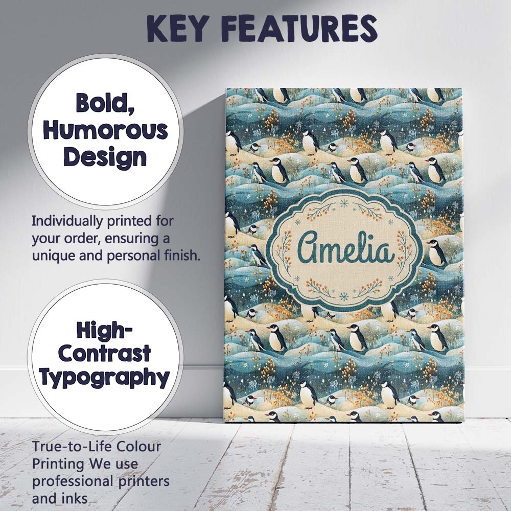 Personalised Name Penguin Birds in Winter Custom  Unique Gift Idea Elegant Feature Canvas Wall Art Print Decor Picture Ready to Hang