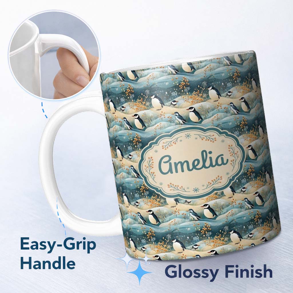 Personalized Custom Name Penguin Birds in Winter Landscape Seamless Pattern Cute Nature 11oz Ceramic Coffee Tea Mug White Large Handle