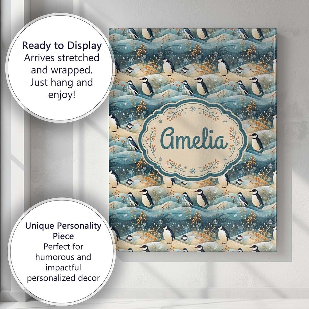 Personalised Name Penguin Birds in Winter Custom  Unique Gift Idea Elegant Feature Canvas Wall Art Print Decor Picture Ready to Hang