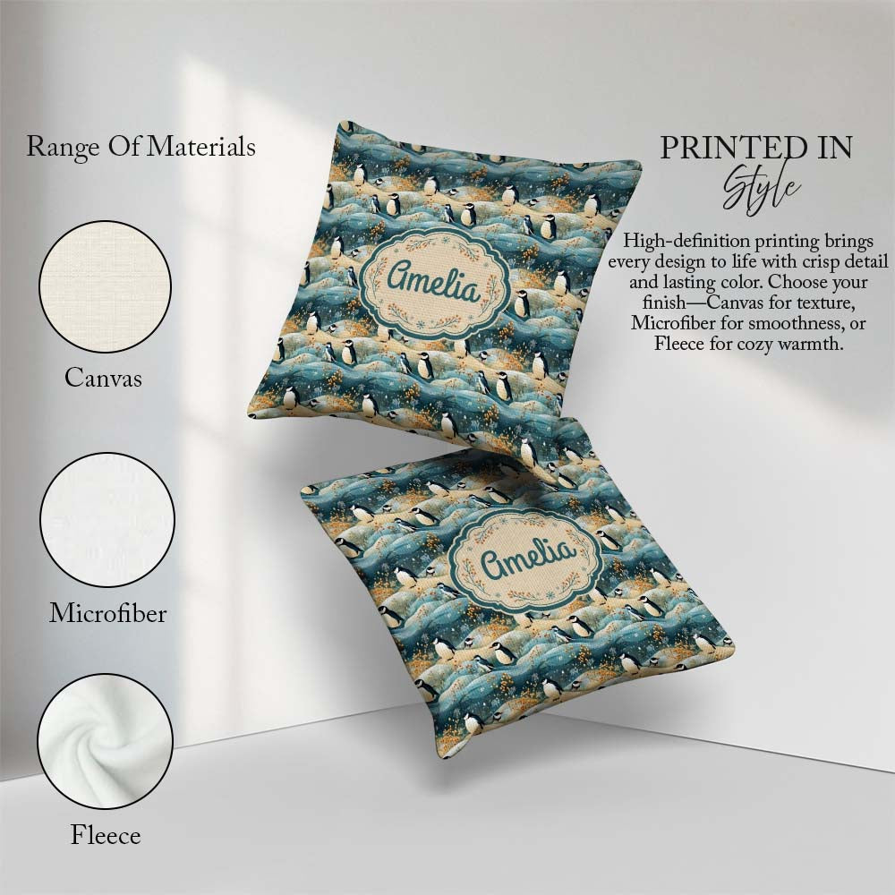 Custom Name Penguin Birds in Winter Seamless Pattern Cute Nature Square Filled Cushion Throw Pillow Sofa Bed Home Decor Zip Washable UK Made