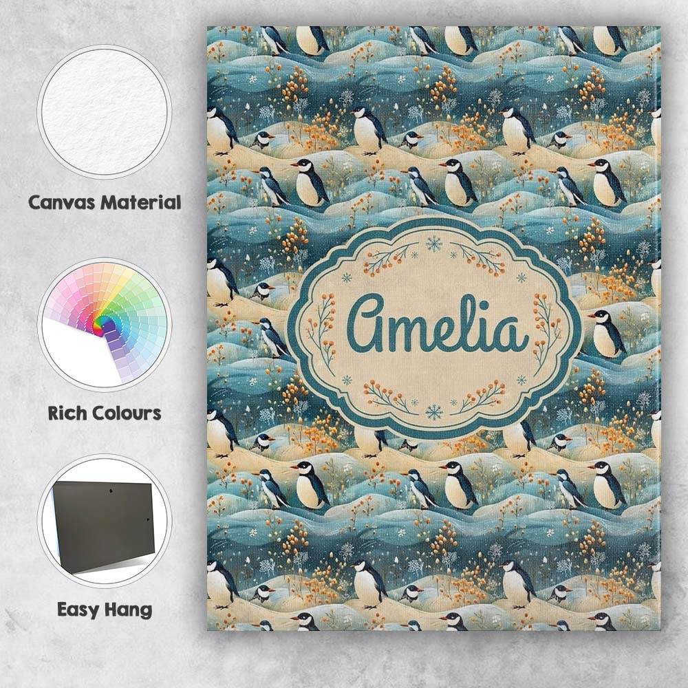 Personalised Name Penguin Birds in Winter Custom  Unique Gift Idea Elegant Feature Canvas Wall Art Print Decor Picture Ready to Hang