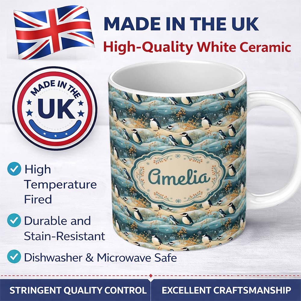 Personalized Custom Name Penguin Birds in Winter Landscape Seamless Pattern Cute Nature 11oz Ceramic Coffee Tea Mug White Large Handle