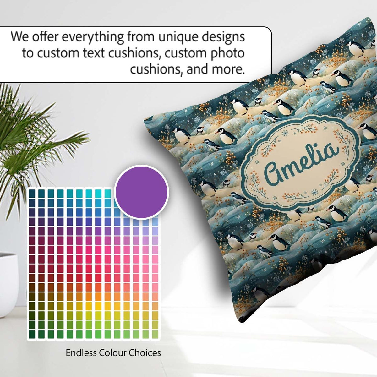 Custom Name Penguin Birds in Winter Seamless Pattern Cute Nature Square Filled Cushion Throw Pillow Sofa Bed Home Decor Zip Washable UK Made