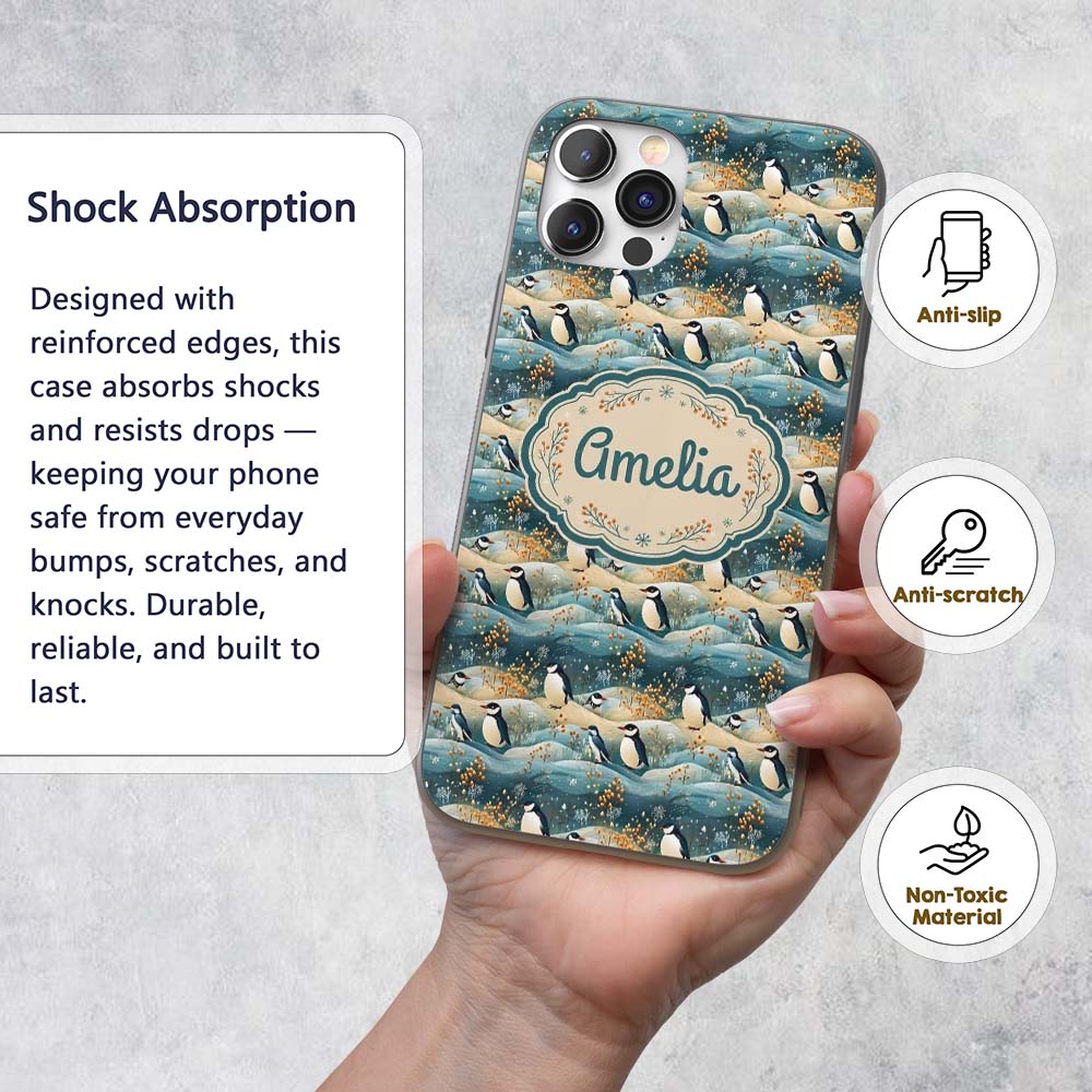 Penguin Birds in Winter Landscape Printed Design Custom Name Protective Phone Case Mobile Cover Durable Everyday Smartphone Shock Resistant