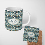 Personalized Custom Name Adorable Penguin Birds Floral Meadow Seamless Pattern Soft Blue 11oz Ceramic Coffee Tea Mug White Large Handle