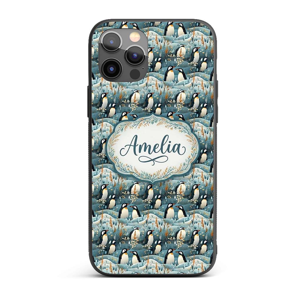 Adorable Penguin Birds Floral Meadow Seamless Custom Name Protective Phone Case Mobile Cover Durable Everyday Smartphone Shock Resistant