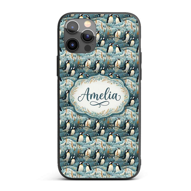 Adorable Penguin Birds Floral Meadow Seamless Custom Name Protective Phone Case Mobile Cover Durable Everyday Smartphone Shock Resistant