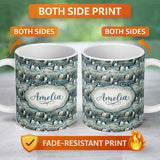Personalized Custom Name Adorable Penguin Birds Floral Meadow Seamless Pattern Soft Blue 11oz Ceramic Coffee Tea Mug White Large Handle