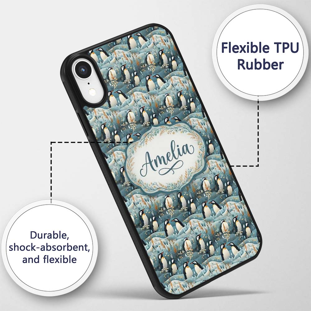 Adorable Penguin Birds Floral Meadow Seamless Custom Name Protective Phone Case Mobile Cover Durable Everyday Smartphone Shock Resistant