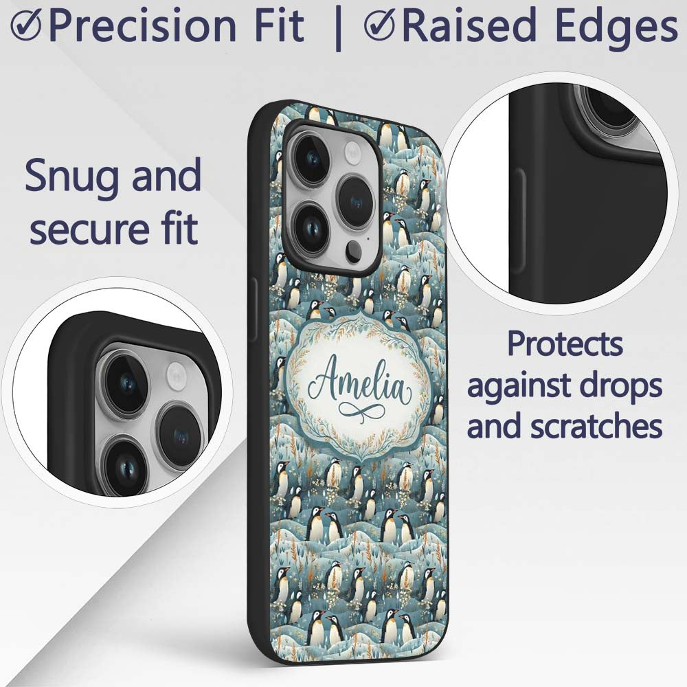 Adorable Penguin Birds Floral Meadow Seamless Custom Name Protective Phone Case Mobile Cover Durable Everyday Smartphone Shock Resistant