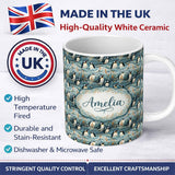 Personalized Custom Name Adorable Penguin Birds Floral Meadow Seamless Pattern Soft Blue 11oz Ceramic Coffee Tea Mug White Large Handle