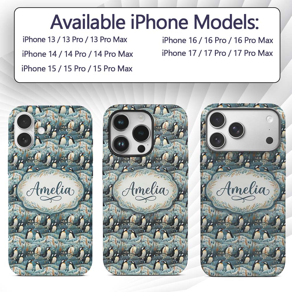 Adorable Penguin Birds Floral Meadow Seamless Custom Name Protective Phone Case Mobile Cover Durable Everyday Smartphone Shock Resistant