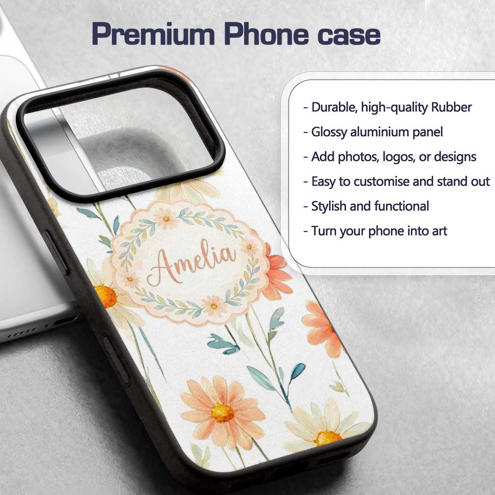 Watercolor Peach Daisy Floral Seamless Pattern on Custom Name Protective Phone Case Mobile Cover Durable Everyday Smartphone Shock Resistant