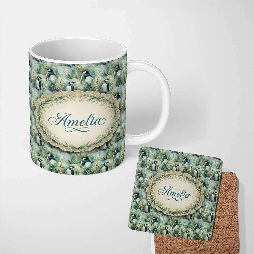 Personalized Custom Name Gentle Penguin Birds in Meadow Grass Seamless Pattern Soft Nature 11oz Ceramic Coffee Tea Mug White Large Handle