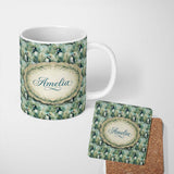 Personalized Custom Name Gentle Penguin Birds in Meadow Grass Seamless Pattern Soft Nature 11oz Ceramic Coffee Tea Mug White Large Handle