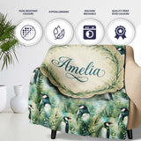 Gentle Penguin Birds in Meadow Grass Seamless Pattern Soft Nature  Personalised Custom Name Super Soft Fleece Blanket Bed Sofa Throw