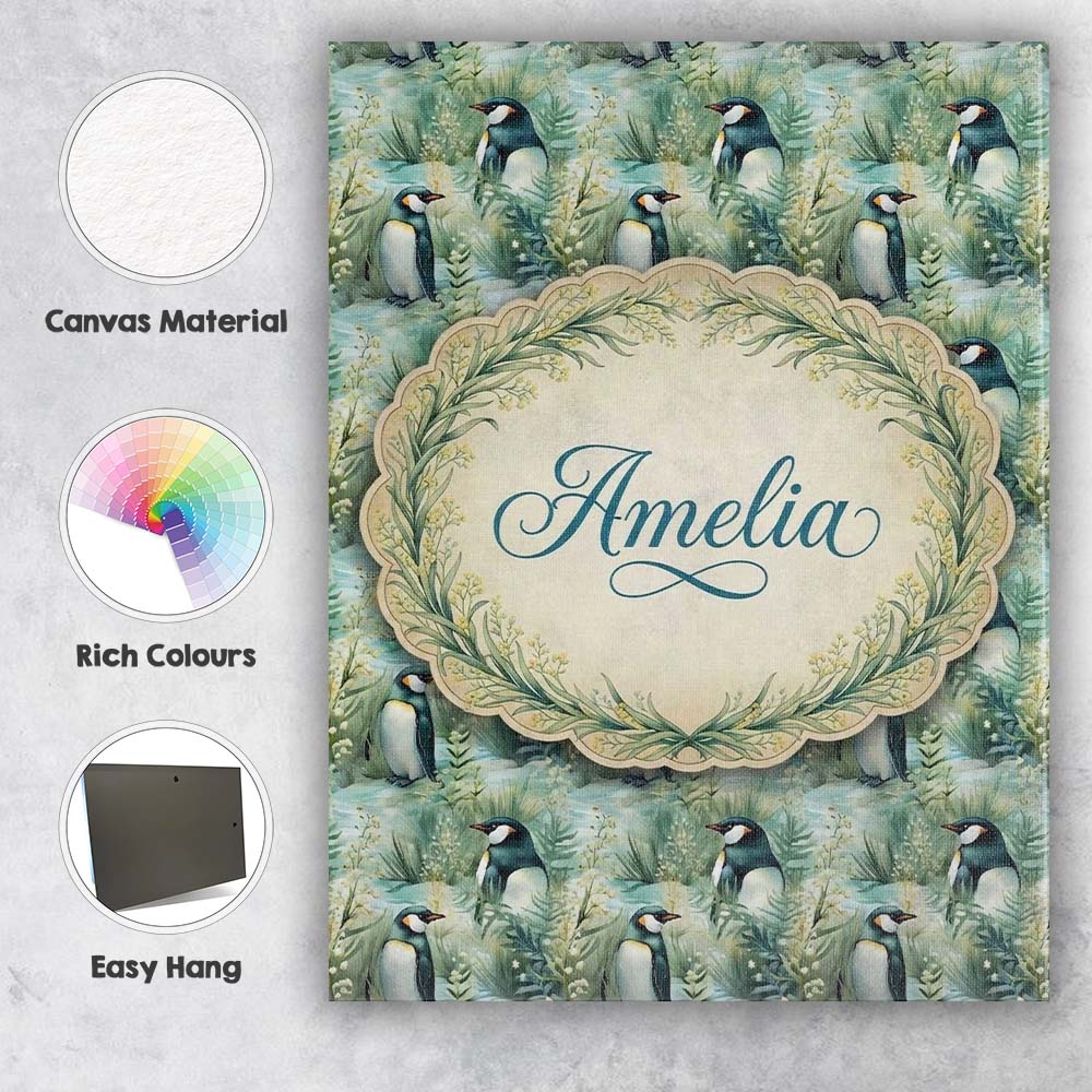 Personalised Name Gentle Penguin Birds in Custom  Unique Gift Idea Elegant Feature Canvas Wall Art Print Decor Picture Ready to Hang